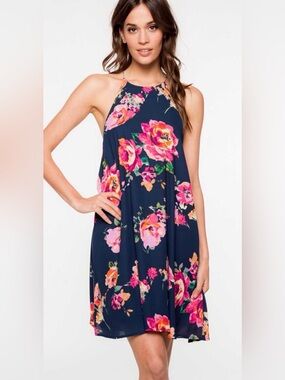Navy Floral Halter Swing Dress - Pink & Green Print